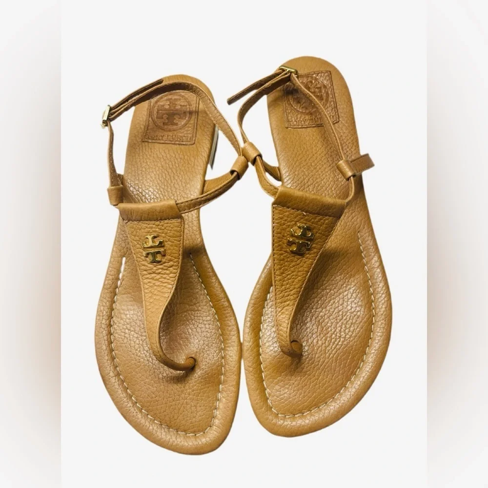 Tory Burch Tan Leather T Strap Sandals Gold Logo Size 8.5